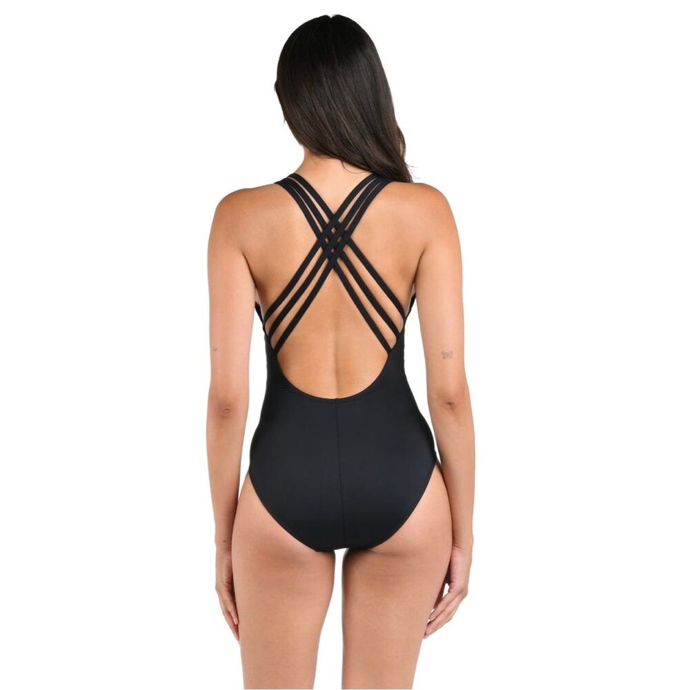 LA BLANCA NEW Black Island Goddess Multi-Strap Criss Cross Back Swimsuit size 10 - Picture 2 of 7